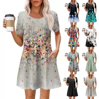 Женское летнее платье свободного покроя для пляжного отдыха, сарафан с коротким рукавом и круглым вырезом, с карманом, с коротким рукавом, платье-рубашка M