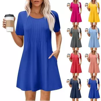 Женское летнее платье свободного покроя для пляжного отдыха, сарафан с коротким рукавом и круглым вырезом, с карманом, с коротким рукавом, платье-рубашка L чёрный