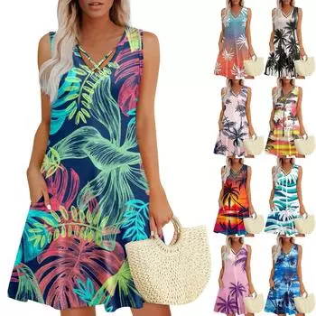 Женское летнее платье свободного покроя для пляжного отдыха, сарафан с коротким рукавом и круглым вырезом, с карманом, с коротким рукавом, платье-рубашка L циан