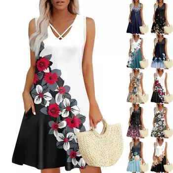 Женское летнее платье свободного покроя для пляжного отдыха, сарафан с коротким рукавом и круглым вырезом, с карманом, с коротким рукавом, платье-рубашка L чёрный