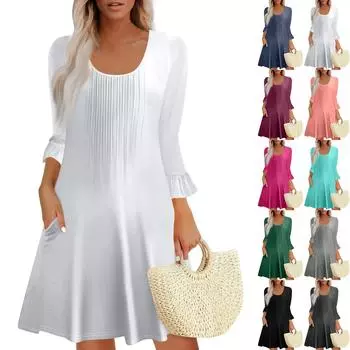 Женское летнее платье свободного покроя для пляжного отдыха, сарафан с коротким рукавом и круглым вырезом, с карманом, с коротким рукавом, платье-рубашка S