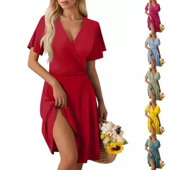 Женское летнее платье свободного покроя для пляжного отдыха с глубоким V-образным вырезом, элегантная юбка M