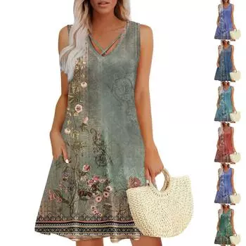 Женское летнее платье свободного покроя для пляжного отдыха, сарафан с коротким рукавом и круглым вырезом, с карманом, с коротким рукавом, платье-рубашка L циан