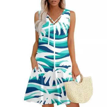 Женское летнее платье свободного покроя для пляжного отдыха, сарафан с коротким рукавом и круглым вырезом, с карманом, с коротким рукавом, платье-рубашка S хаки