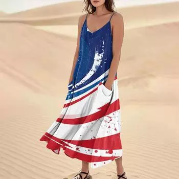 Женское летнее платье свободного покроя с принтом для отдыха на пляже L синий