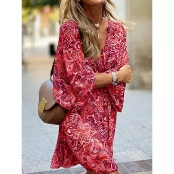 Женское летнее платье свободного покроя с V-образным вырезом и коротким рукавом с цветочным принтом S коричневый