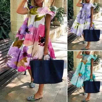 Женское летнее платье трапециевидной формы, плиссированное с короткими рукавами и принтом в стиле пэчворк, с оборками до середины икры, платье миди для отпуска, вечеринки, свиданий 2XL красный