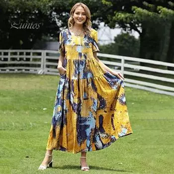 Женское летнее платье трапециевидной формы с большим подолом, плиссированным круглым вырезом, короткими рукавами и карманами, с принтом в богемном стиле, лоскутное платье для отпуска, пляжное платье макси 2XL зелёный