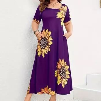 Женское летнее платье трапециевидной формы с принтом подсолнечника, свободный пуловер с большим подолом и короткими рукавами, высокая талия, мягкое дышащее платье макси до щиколотки S чёрный
