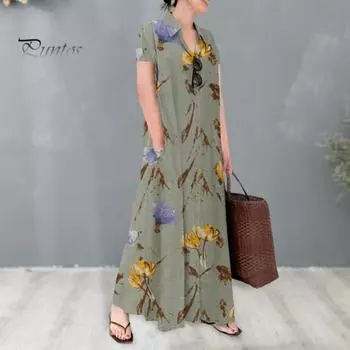 Женское летнее платье трапециевидной формы с лацканами, свободная рубашка с цветочным принтом, с короткими рукавами на пуговицах и боковыми карманами, длинное платье до щиколотки M абрикосовый