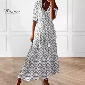 Женское летнее платье трапециевидной формы с большим подолом в богемном стиле и половиной рукавов с кисточками и V-образным вырезом, свободное пляжное платье макси с принтом для отпуска M светло-серый
