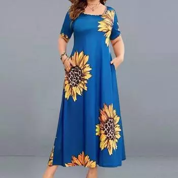 Женское летнее платье трапециевидной формы с принтом подсолнечника, свободный пуловер с большим подолом и короткими рукавами, высокая талия, мягкое дышащее платье макси до щиколотки S чёрный