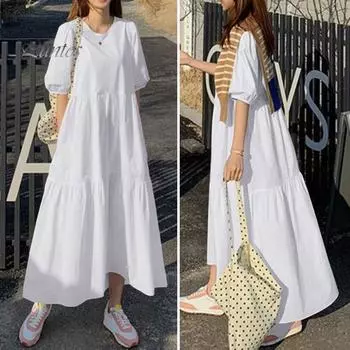Женское летнее платье трапециевидной формы в стиле пэчворк с большим подолом и коротким рукавом с круглым вырезом, чистый цвет, свободное до щиколотки, плиссированное мягкое дышащее женское платье макси L белый