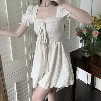 Женское летнее платье-трапеция с завязками, утягивающее, с французским квадратным воротником, с завышенной талией S абрикосовый