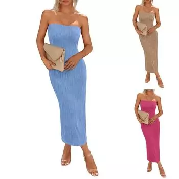 Женское летнее платье-труба макси с открытыми плечами, без рукавов, с разрезом сзади, текстурированное облегающее длинное платье L чёрный