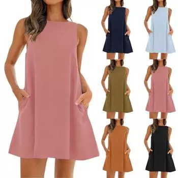 Женское летнее платье-туника без рукавов 2024, повседневный сарафан с открытой спиной и круглым вырезом с карманами L чёрный