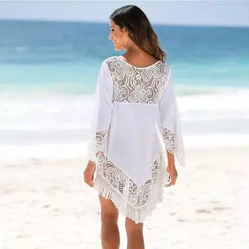 Женское летнее платье-туника для пляжа, повседневное платье с круглым вырезом, кружевное лоскутное мини-пляжное белое платье One Size белый