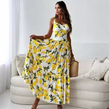 Женское летнее платье в богемном стиле для отпуска на бретелях с цветочным принтом, цельное XXL