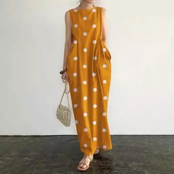 Женское летнее платье в горошек с принтом в тон без рукавов с круглым вырезом Свободные большие карманы плюс размер Мягкое повседневное пляжное платье до щиколотки длиной до щиколотки 3XL белый