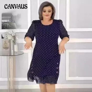 Женское летнее платье в горошек с круглым вырезом и короткими рукавами, короткое платье в горошек средней длины S тёмно-синий