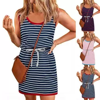 Женское летнее платье в полоску без рукавов с завязками на талии, повседневные платья-майки с карманами L чёрный