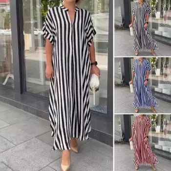 Женское летнее платье в полоску с текстурой контрастного цвета, свободный пуловер с короткими рукавами, рубашка с разрезом по бокам и V-образным вырезом, стильное женское платье, женская одежда XL чёрный