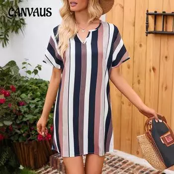 Женское летнее платье в полоску с короткими рукавами и юбкой больших размеров S хаки
