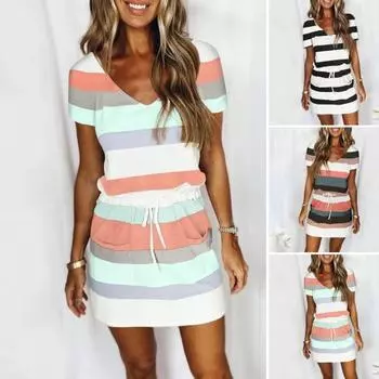Женское летнее платье в полоску с V-образным вырезом и коротким рукавом, повседневное мини-платье с завязками и карманами L