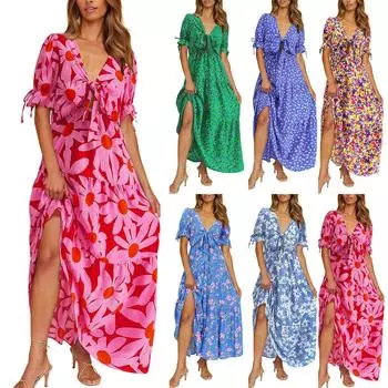 Женское летнее платье в стиле бохо с узлом спереди, глубоким V-образным вырезом и коротким рукавом, цветочные многоуровневые повседневные вечерние пляжные платья макси L синий