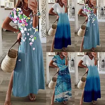 Женское летнее платье в стиле бохо с принтом и короткими рукавами, струящееся многоуровневое вечернее платье, пляжное платье макси XL светло-синий