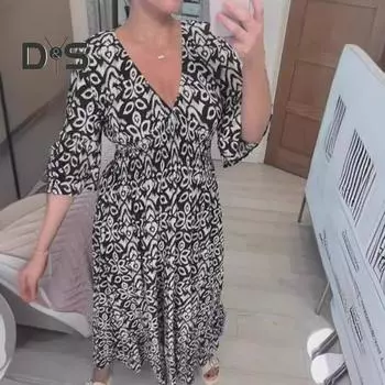 Женское летнее платье в стиле бохо с цветочным принтом, V-образным вырезом, короткими рукавами, оборками, цветочным принтом, платье миди, повседневное пляжное струящееся платье-трапеция L чёрный