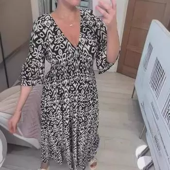 Женское летнее платье в стиле бохо с цветочным принтом, V-образным вырезом, короткими рукавами, оборками, цветочным принтом, платье миди, повседневное пляжное струящееся платье-трапеция S красный