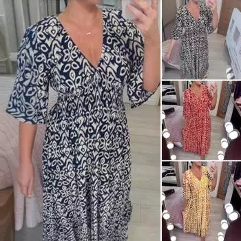 Женское летнее платье в стиле бохо с цветочным принтом, V-образным вырезом, короткими рукавами, оборками, цветочным принтом, платье миди, повседневное пляжное струящееся платье-трапеция L красный