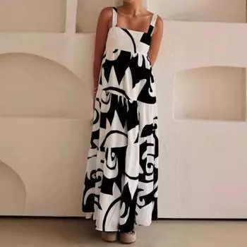 Женское летнее платье в стиле бохо с цветочным принтом, бретельками на тонких бретельках, квадратным вырезом, оборками, повседневное струящееся платье А-силуэта для пляжной вечеринки, длинное платье-сарафан без рукавов для женщин S