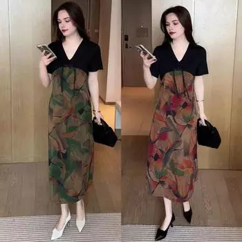 Женское летнее платье в стиле пэчворк с v-образным вырезом и короткими рукавами, прямое свободное платье до середины икры с кисточками, повседневная одежда, повседневное платье 2XL зелёный