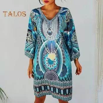 Женское летнее платье в стиле ретро с принтом в этническом стиле с длинными рукавами и v-образным вырезом, мягкое дышащее свободное платье до колена, повседневное женское повседневное платье миди L циан