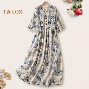 Женское летнее платье в стиле ретро с цветочным принтом, плиссированные трапециевидной формы, свободный подол, короткие рукава, эластичная талия, боковые карманы, пуговицы, мягкие женские повседневные свидания, пляжный миди S синий