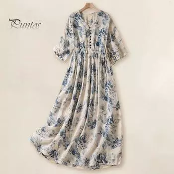 Женское летнее платье в стиле ретро с цветочным принтом, плиссированные трапециевидной формы, свободный подол, короткие рукава, эластичная талия, боковые карманы, пуговицы, мягкое женское повседневное пляжное платье миди для свиданий S синий