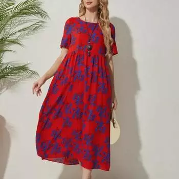 Женское летнее платье в тон с цветочным принтом, с круглым вырезом, с коротким рукавом, трапециевидной формы, с высокой талией, свободный пуловер в стиле ретро, повседневное платье миди
