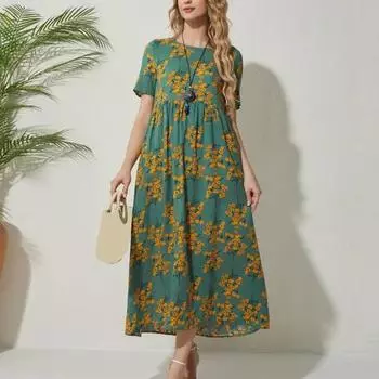Женское летнее платье в тон с цветочным принтом, с круглым вырезом, с коротким рукавом, трапециевидной формы, с высокой талией, свободный пуловер в стиле ретро, повседневное платье миди
