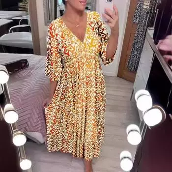 Женское летнее платье Yousheng с цветочным принтом в стиле бохо, V-образным вырезом, короткими рукавами, оборками, цветочным принтом, платье миди, повседневное пляжное струящееся платье-трапеция S красный