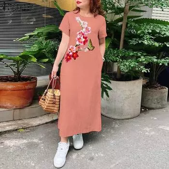 Женское летнее платье ZANZEA с круглым вырезом и коротким рукавом, с цветочной вышивкой S белый