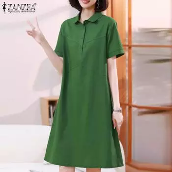 Женское летнее платье ZANZEA с отложным воротником и короткими рукавами S зелёный