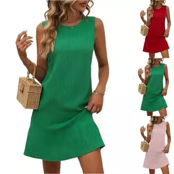 Женское летнее платье-жилет без рукавов с круглым вырезом, свободного кроя, однотонное L зелёный