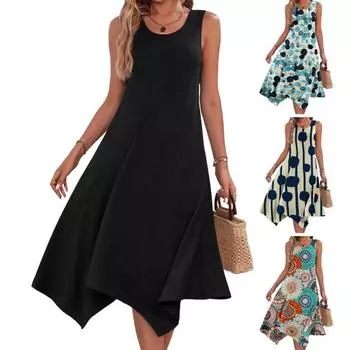 Женское летнее платье-жилет с круглым вырезом без рукавов и принтом, пляжное платье в богемном стиле, платье миди трапециевидной формы с нерегулярным подолом S небесно-голубой