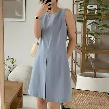 Женское летнее платье-жилет с круглым вырезом без рукавов, однотонное платье-майка с разрезом спереди, мини-платье трапециевидной формы, повседневный сарафан S чёрный