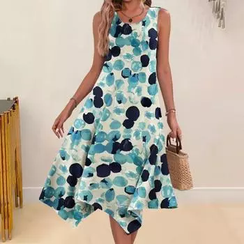 Женское летнее платье-жилет с круглым вырезом без рукавов и принтом, пляжное платье в богемном стиле, платье миди трапециевидной формы с нерегулярным подолом M красный