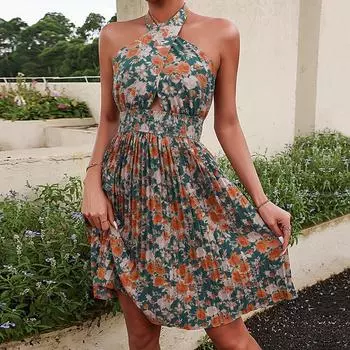 Женское летнее плиссированное платье без рукавов с воротником на шее и цветочным принтом с высокой талией S зелёный