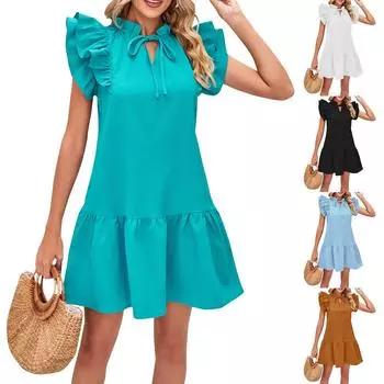 Женское летнее плиссированное платье принцессы с v-образным вырезом и рюшами, однотонное платье L чёрный