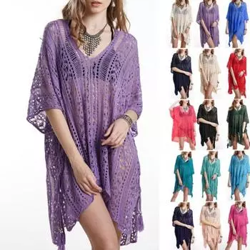 Женское летнее пляжное бикини с V-образным вырезом, вязаное крючком, свободное мини-платье